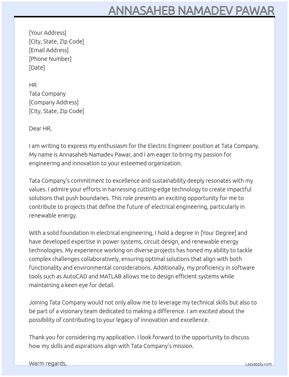 Cover letter for electric engineer - LazyApply