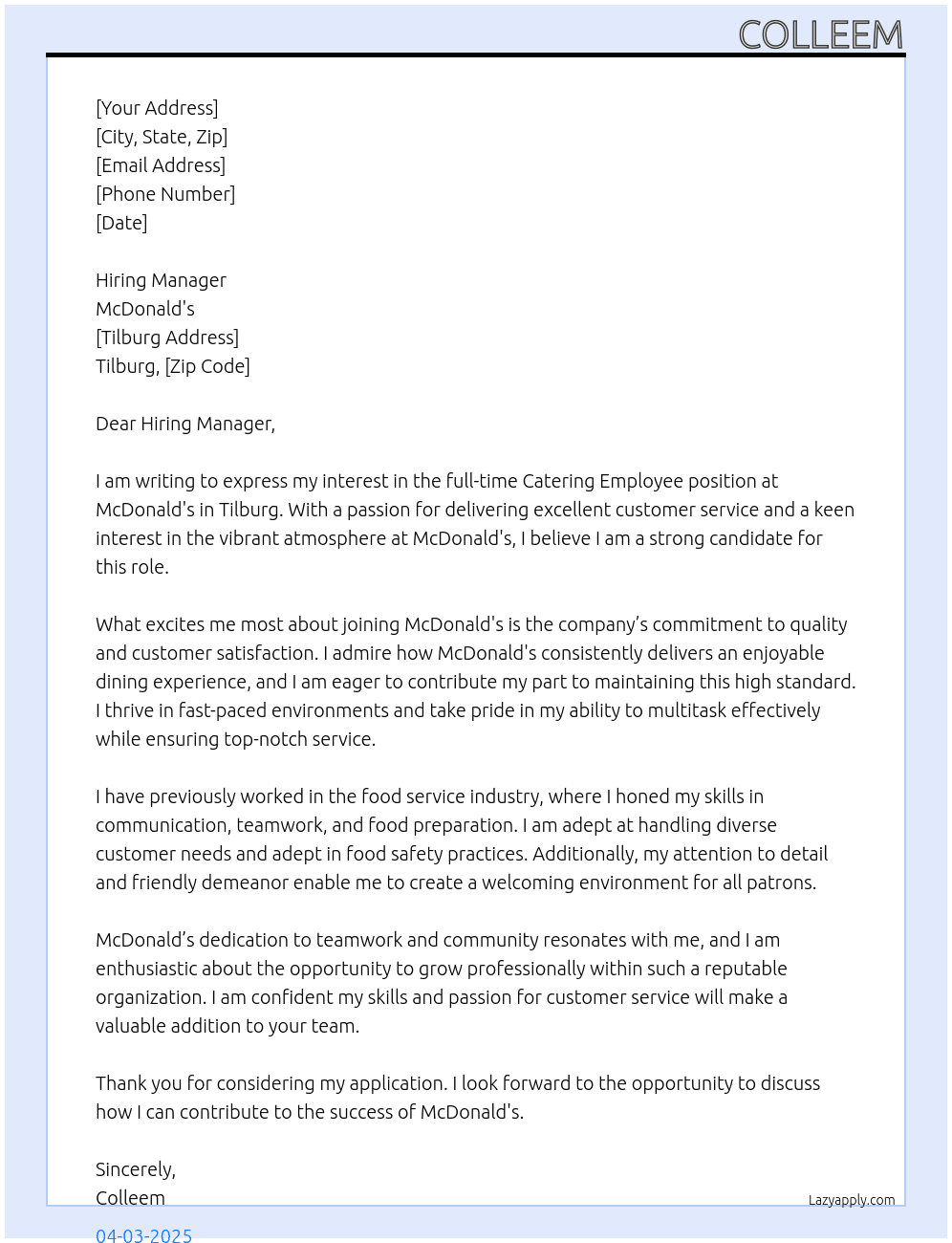Cover letter for catering emoloyee - LazyApply