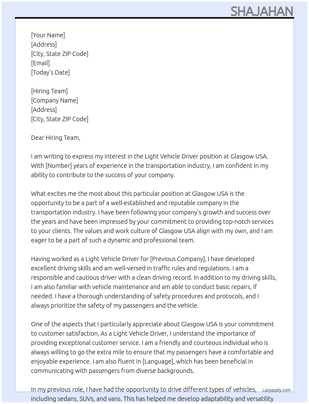 Light Vehicle Driver  At Glasgow USA Cover Letter