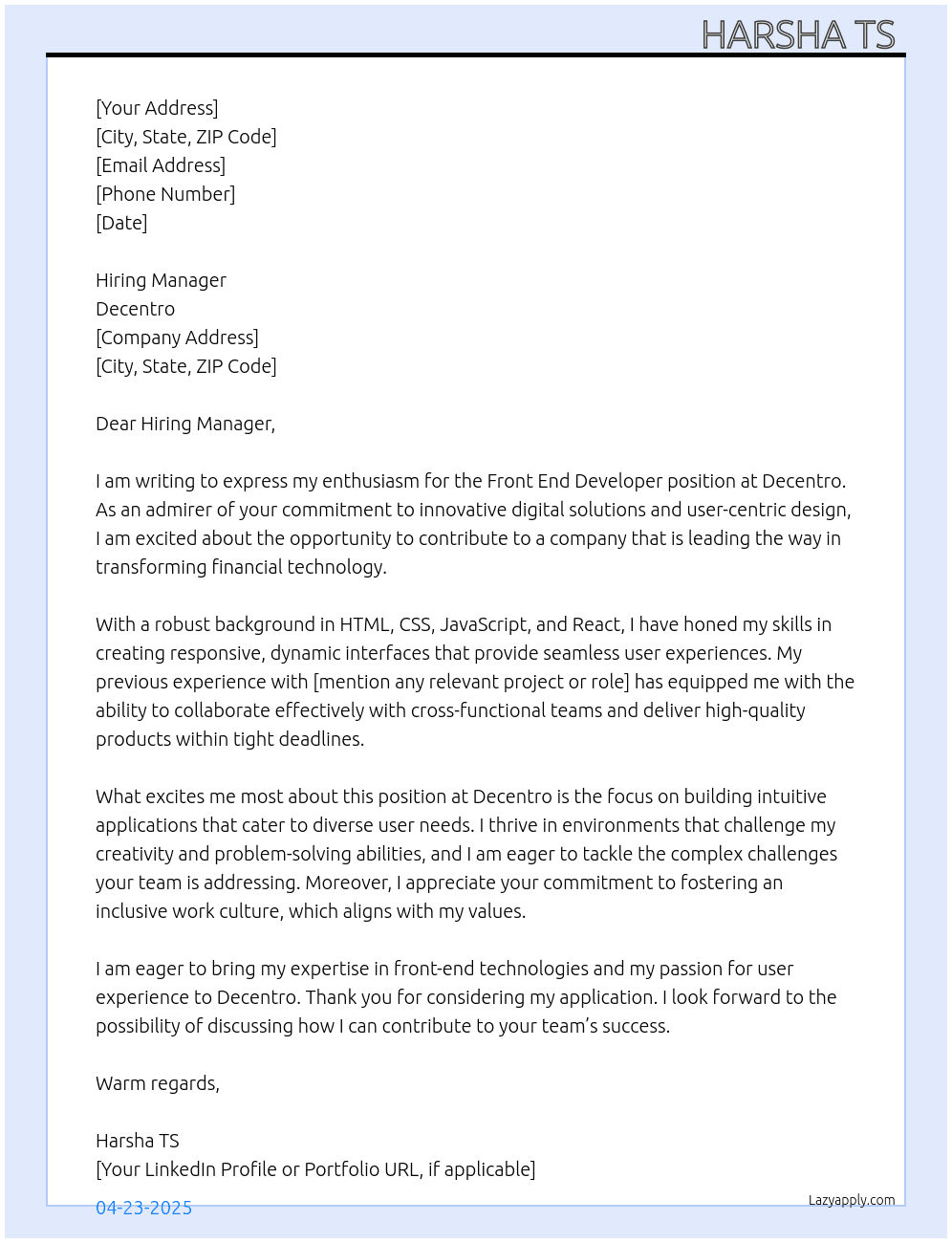 Front End Developer At Decentro Cover Letter