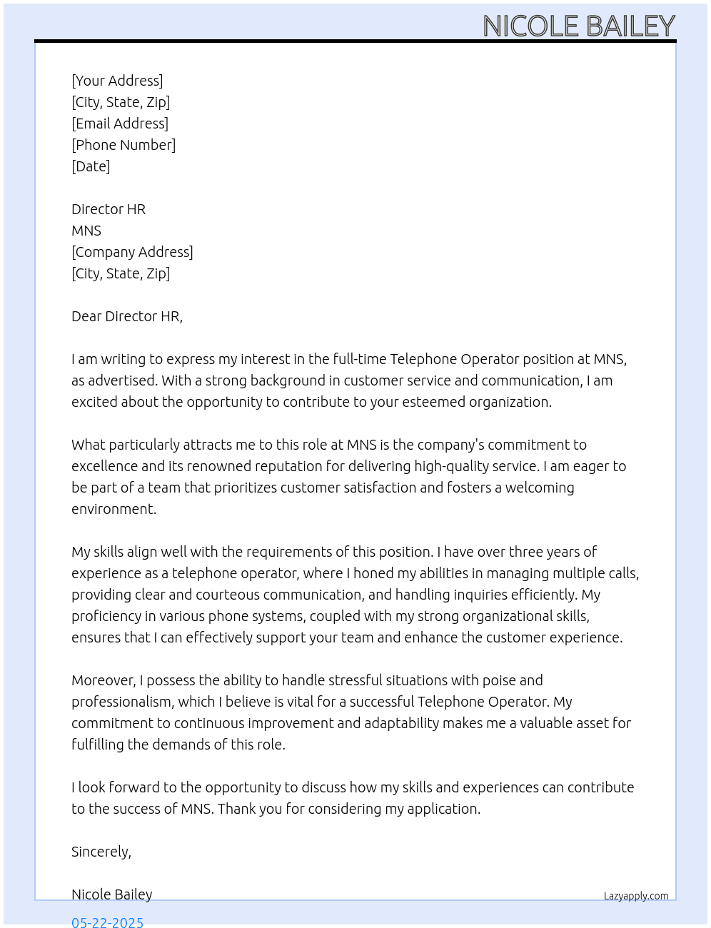 Telephone Operator At MNS Cover Letter