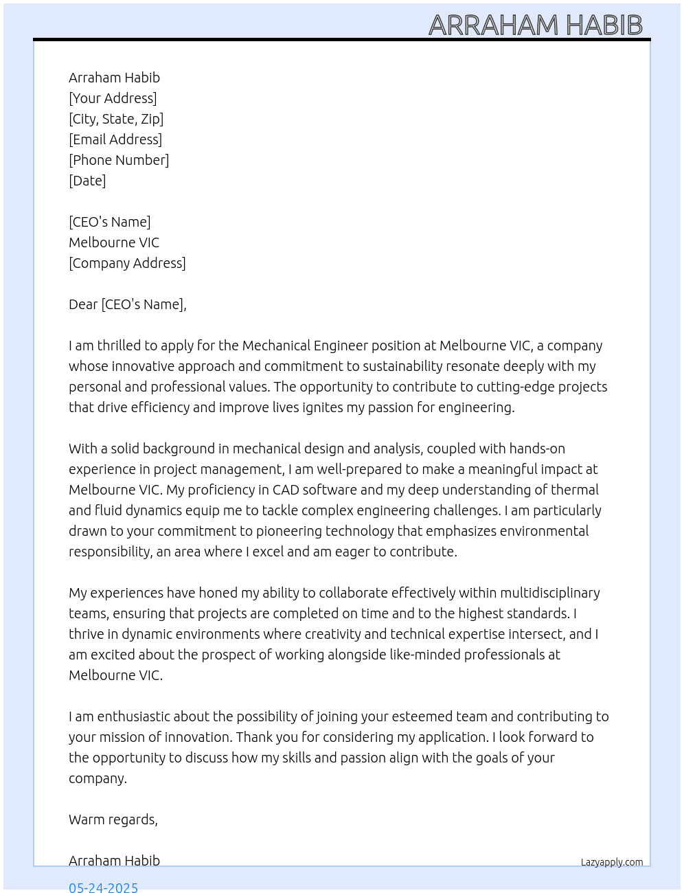 Mechanical Engineer  At Melbourne VIC  Cover Letter