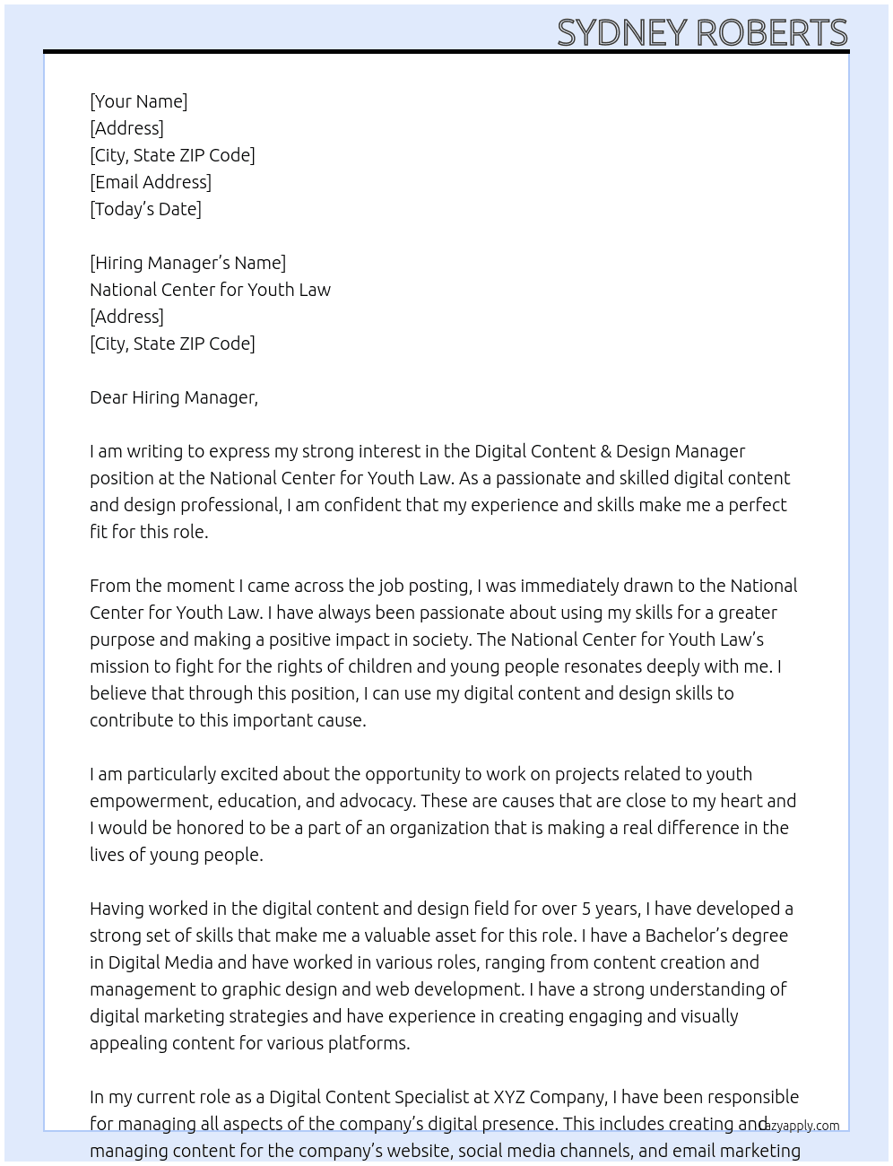 Cover letter for digital content & design manager - LazyApply
