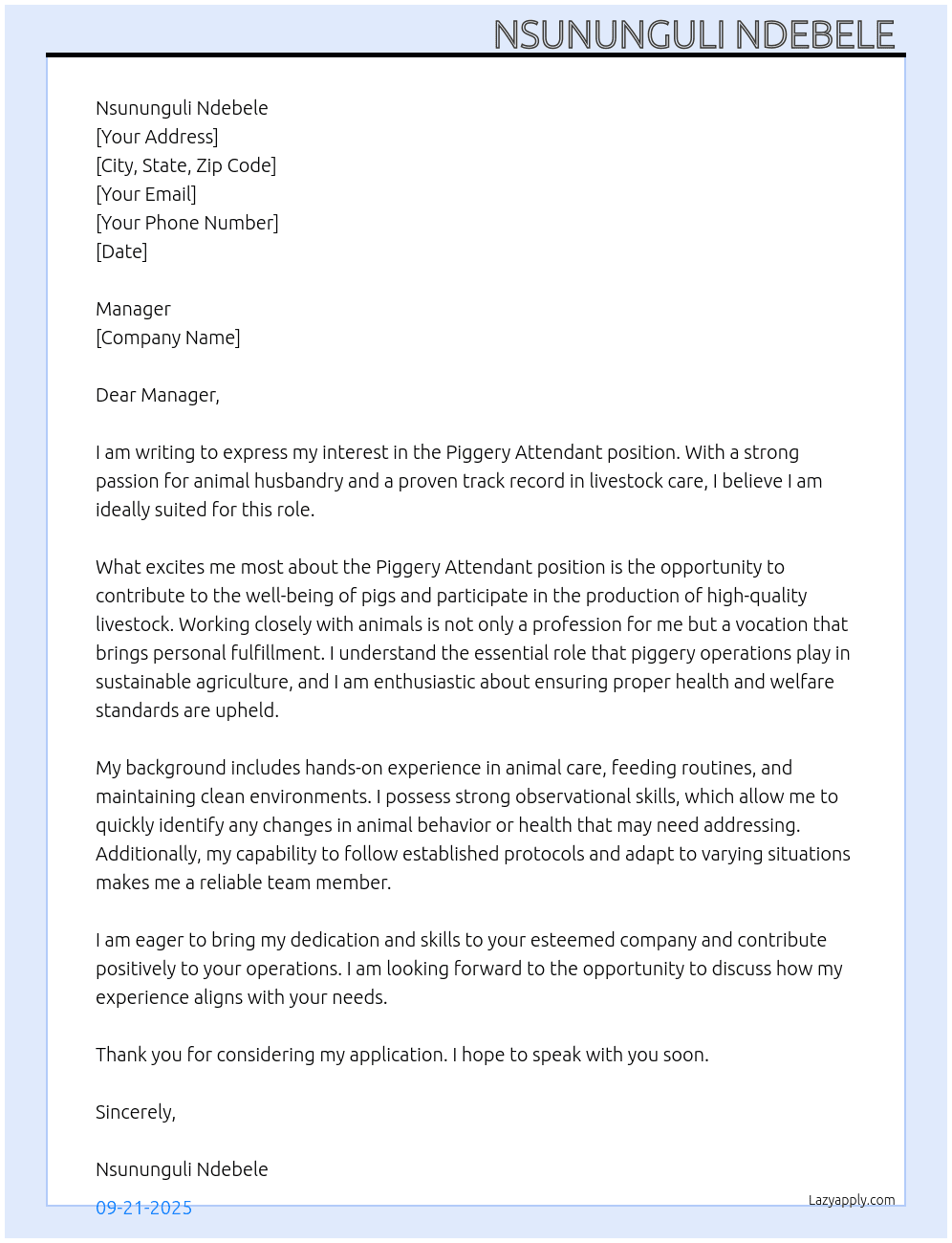Piggery attendant  At None Cover Letter