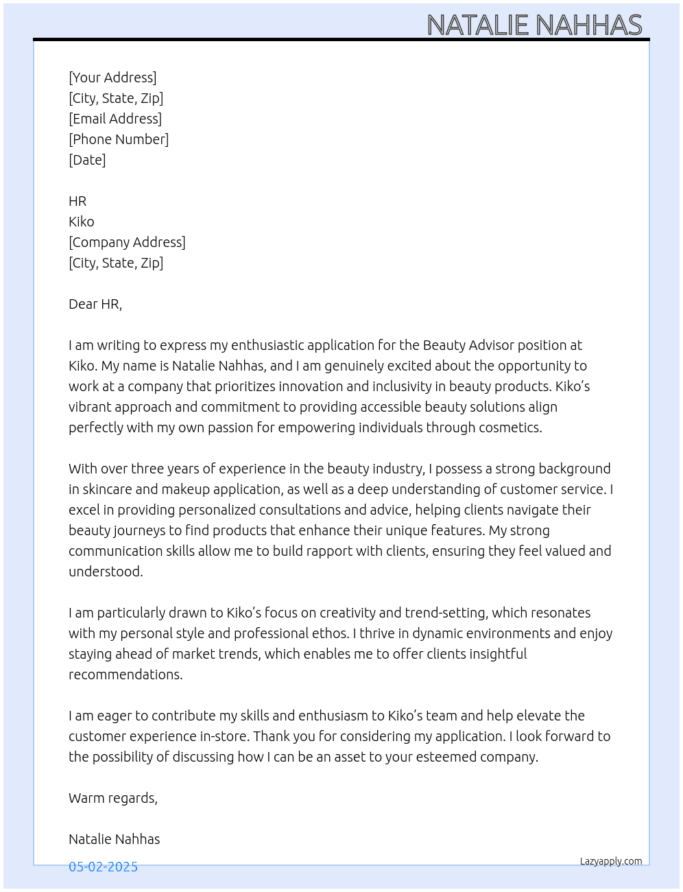 beauty advisor At Kiko Cover Letter