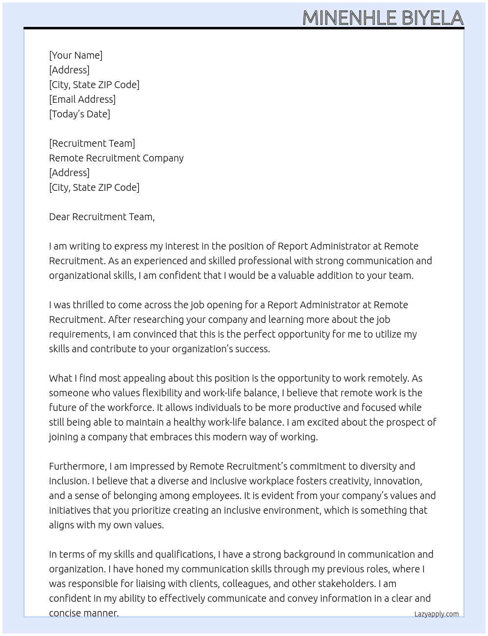 Cover letter for report administrator - LazyApply