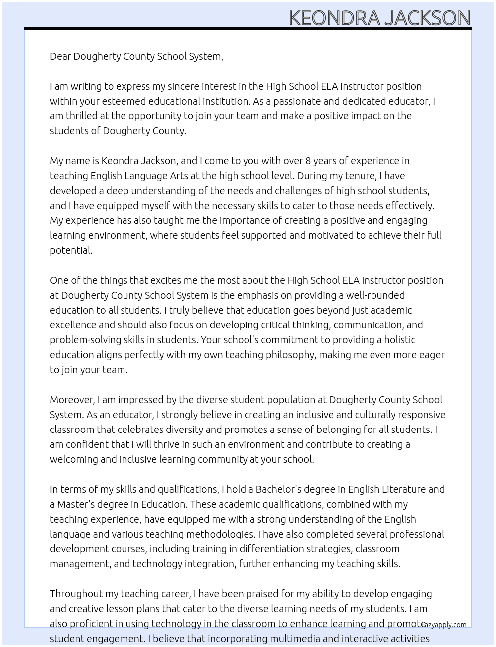 High school ELA Intsructor At Dougherty County School System Cover Letter