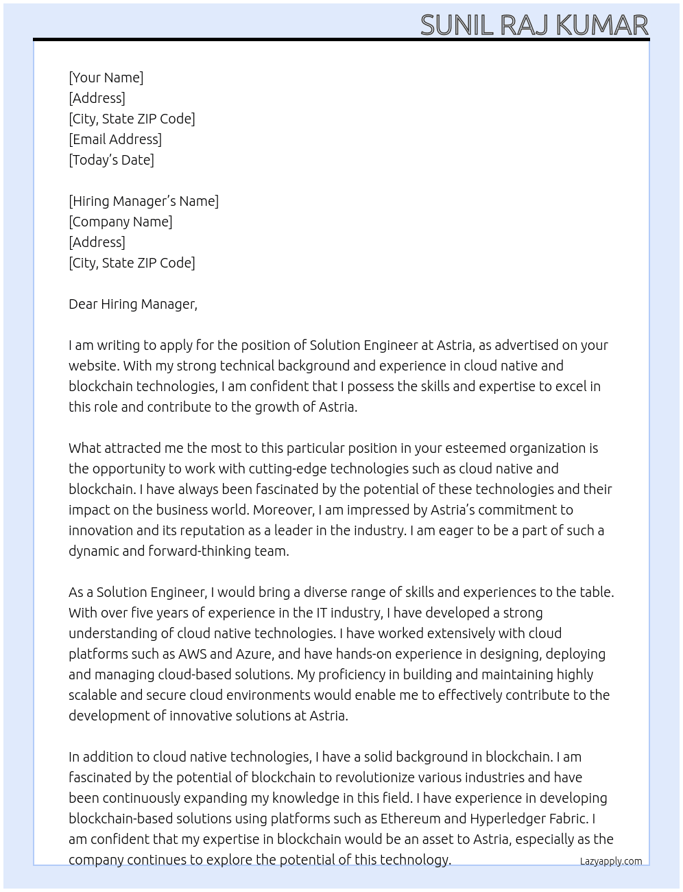 Solution Engineer At Astria Cover Letter