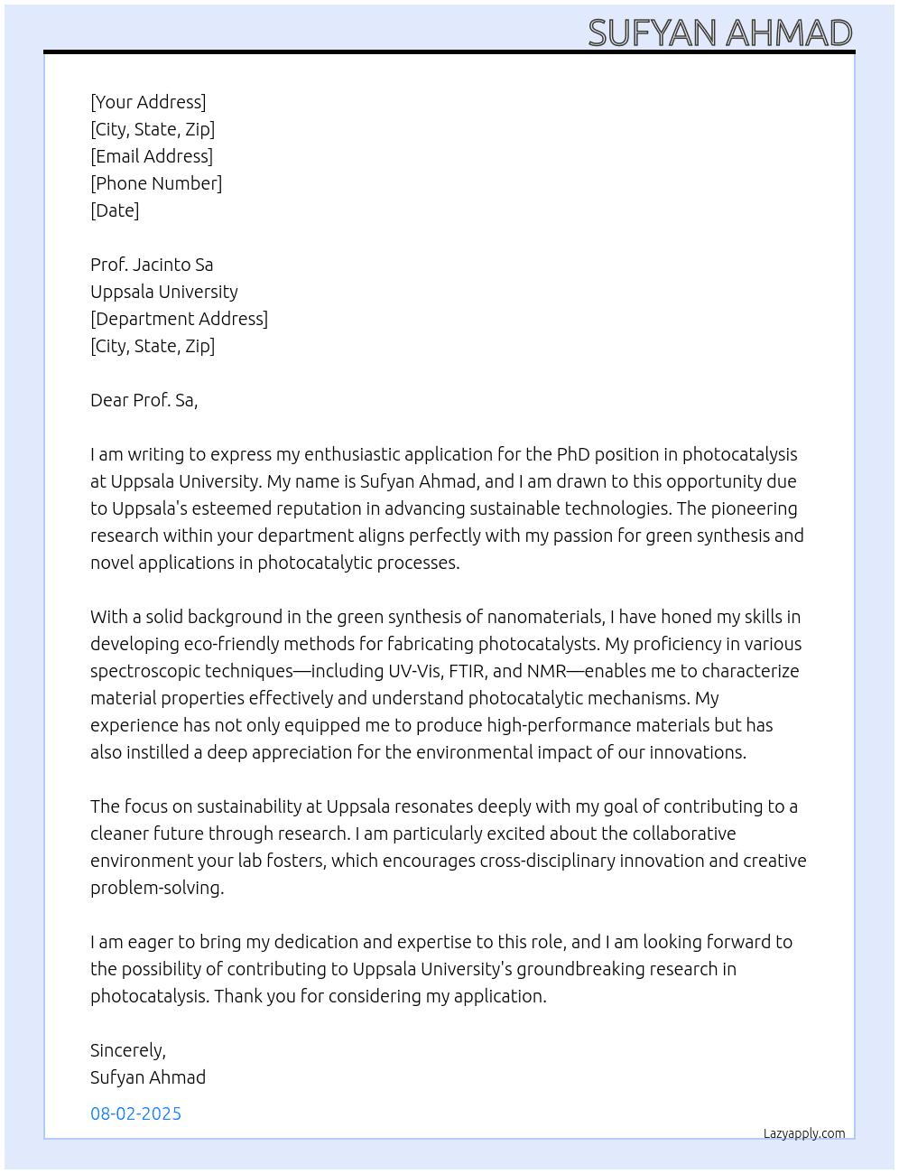 PhD position in photocatalysis At uppsala university Cover Letter