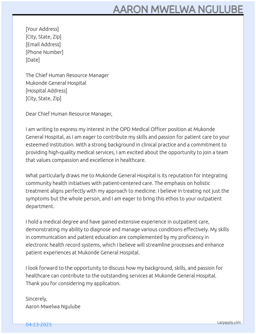 Cover letter for opd medical officer - LazyApply