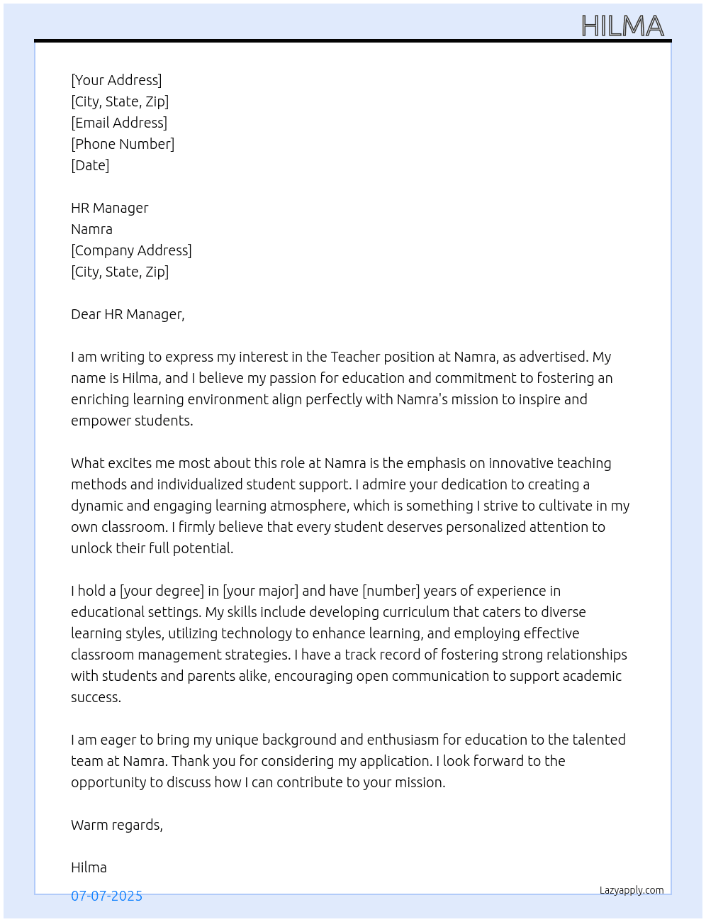 Teacher  At Namra Cover Letter