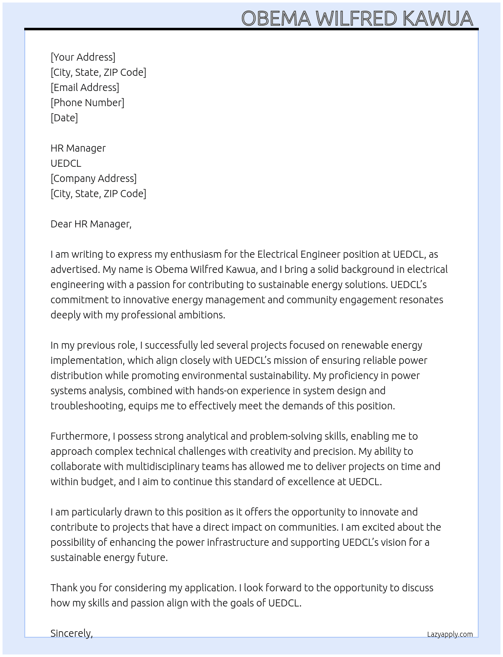 ELECTRICAL ENGINEER  At UEDCL  Cover Letter