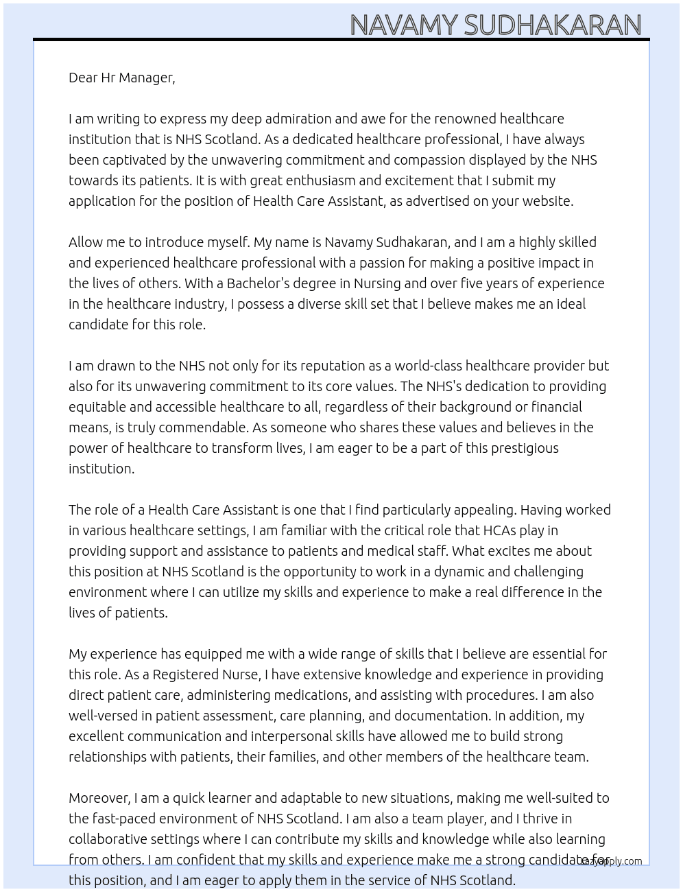 Health care assistant  At NHS Scotland  Cover Letter