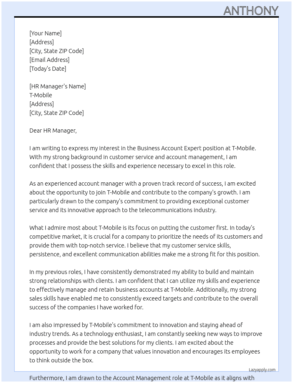 Business Account Expert At T-Mobile Cover Letter