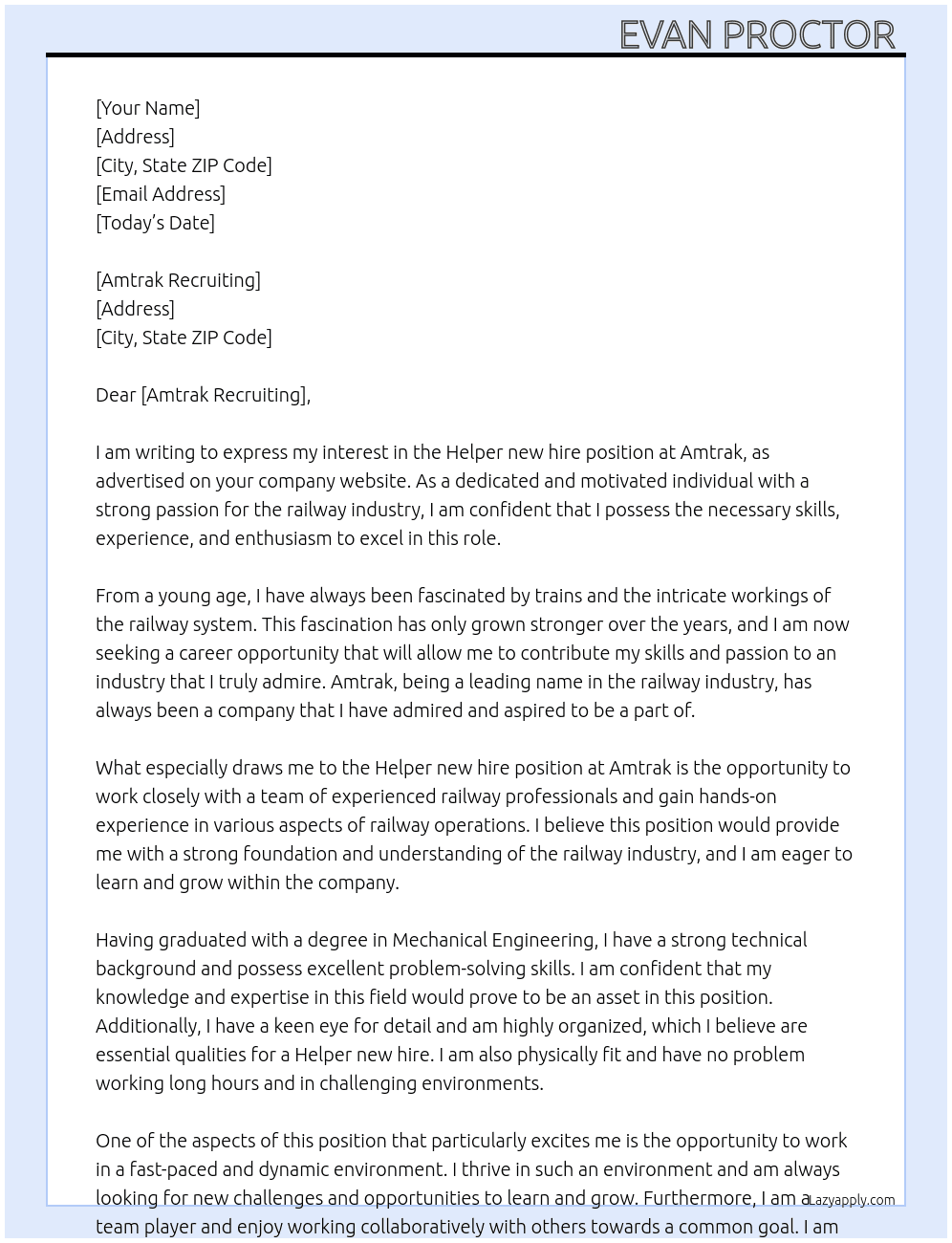 Helper new hire  At Amtrak  Cover Letter