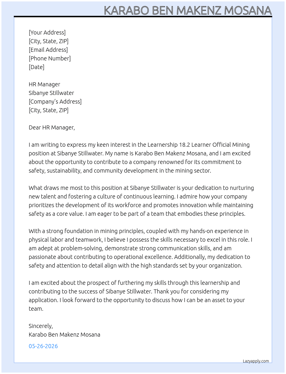 Learnership 18.2 Learner Official Mining At Sibanye Stillwater  Cover Letter