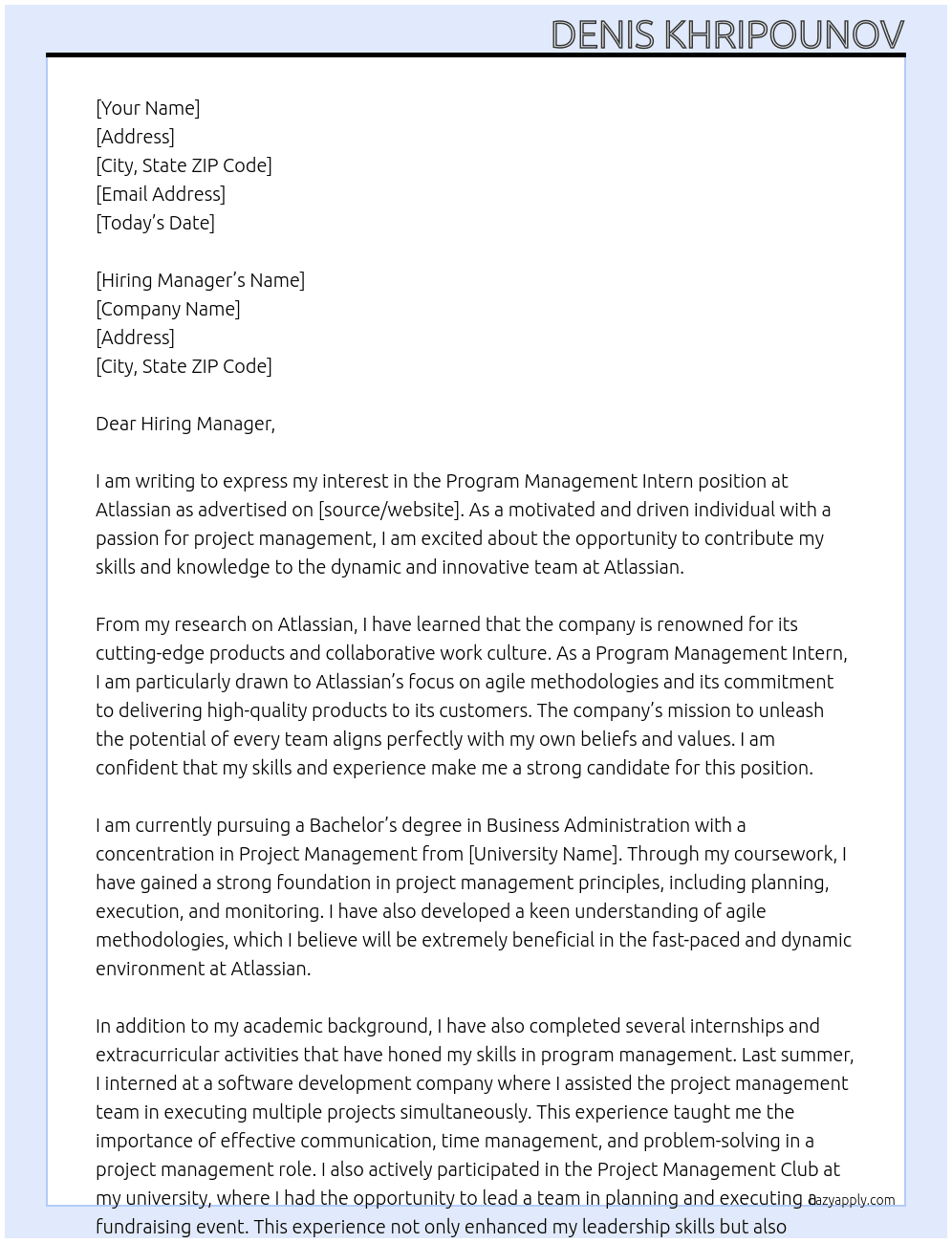 Program Management Intern At Atlassian Cover Letter