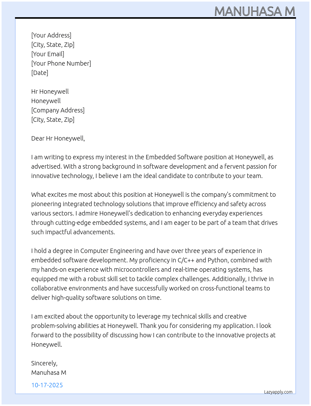 Embedded software  At Honeywell Cover Letter