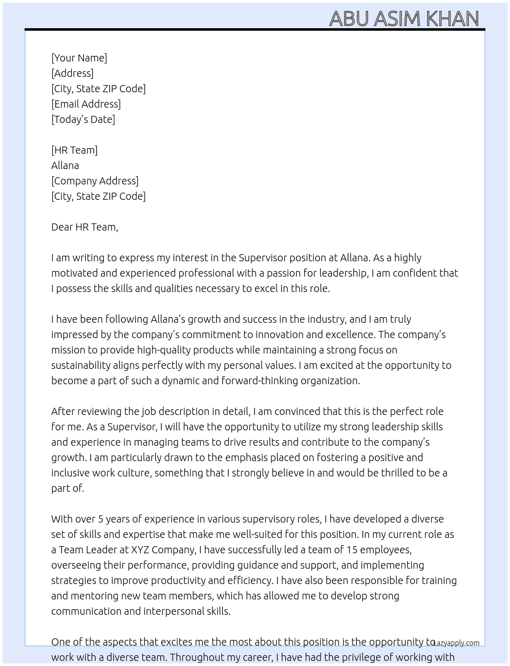 Supervisor  At Allana Cover Letter