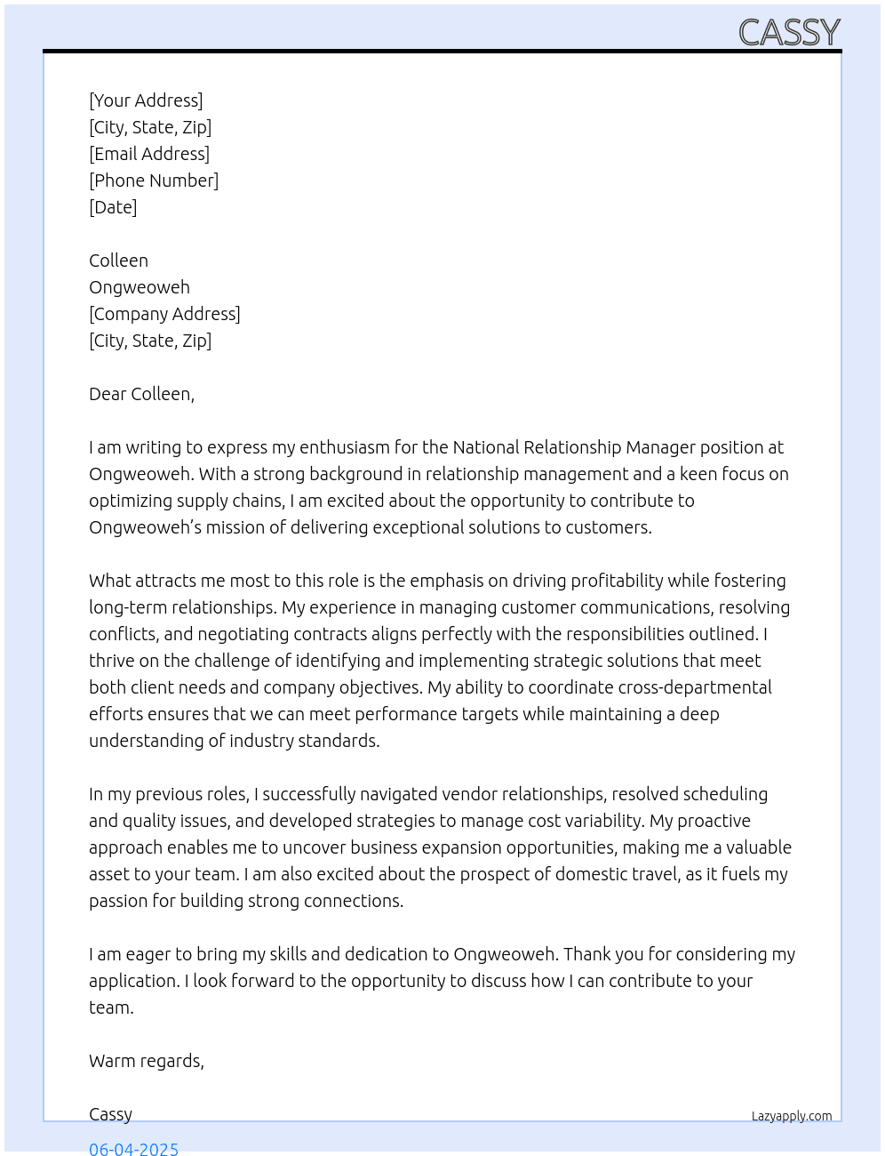 National Relationship Manager At Ongweoweh Cover Letter