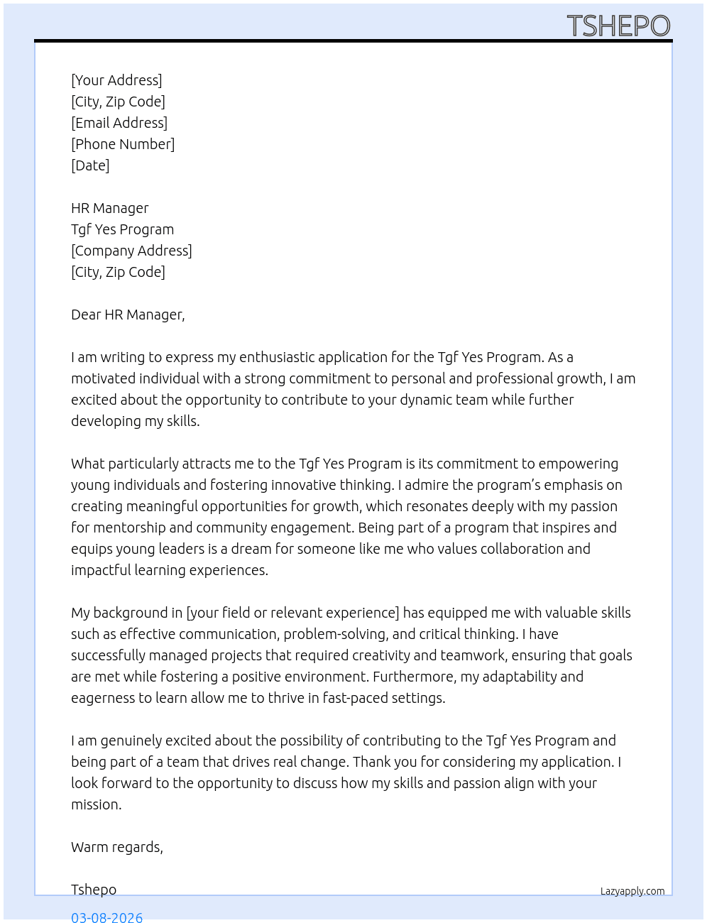Cover letter for tfg yes program application - LazyApply