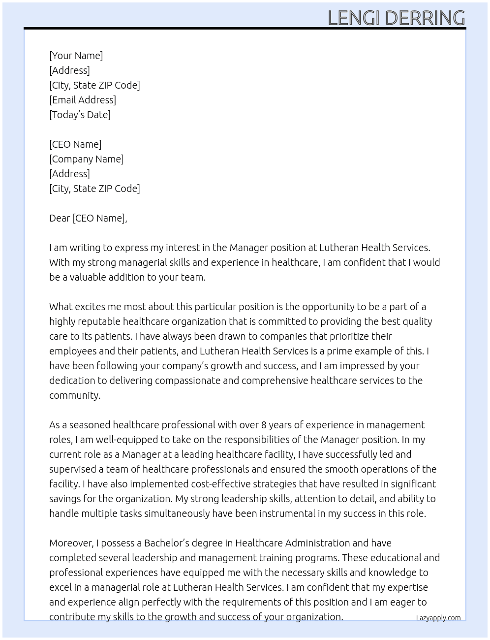 Manager At Lutheran Health Services Cover Letter