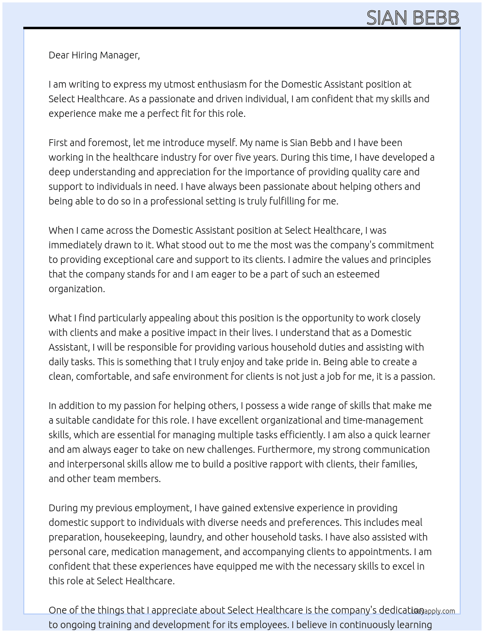 Domestic assistant At Select Healthcare Cover Letter