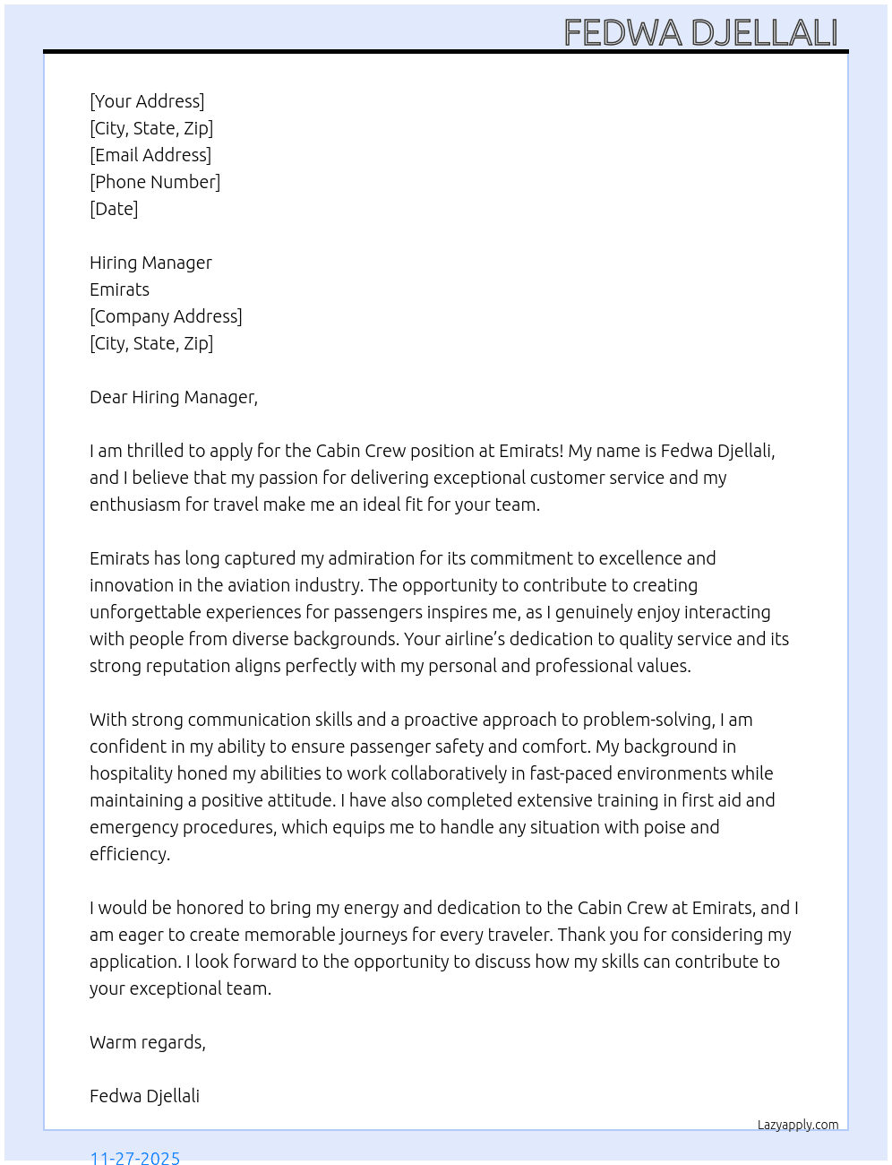 cabin crew At Emirats Cover Letter