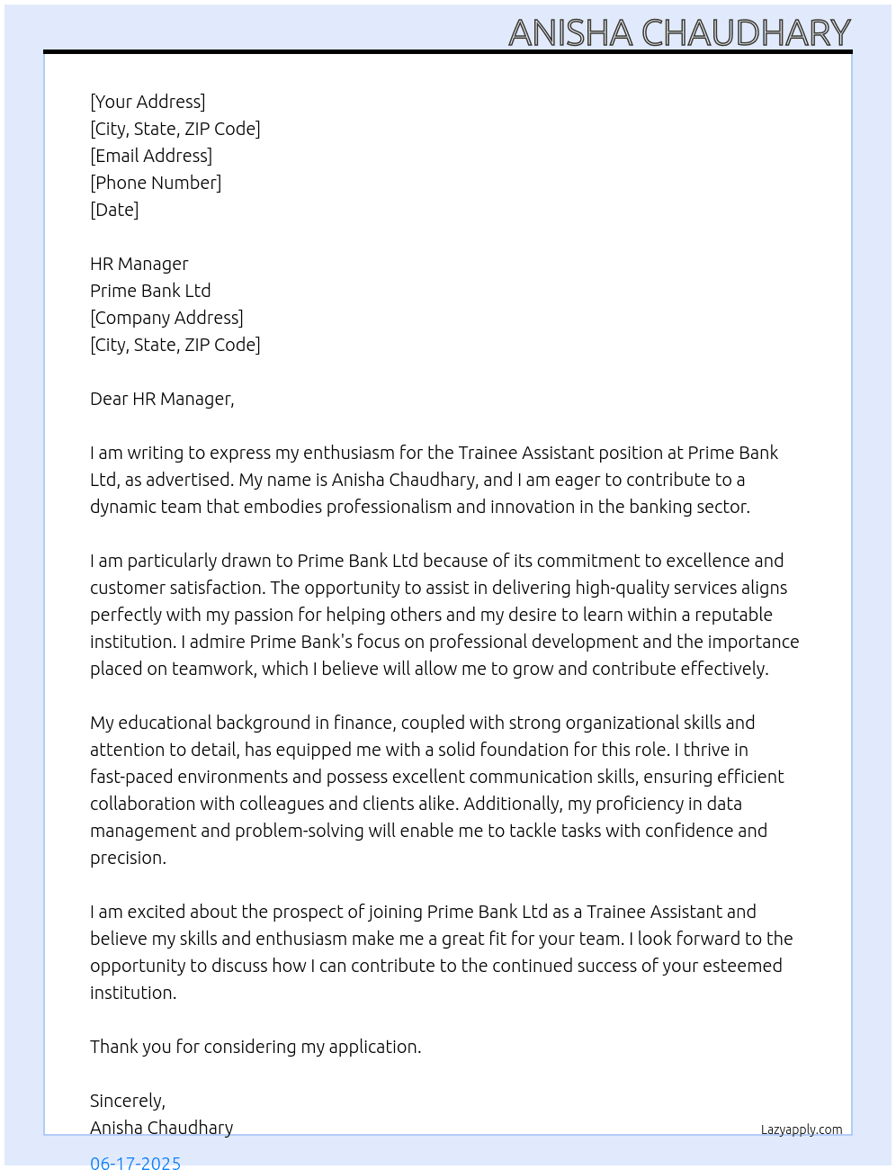 trainee assistant At Prime bank ltd Cover Letter
