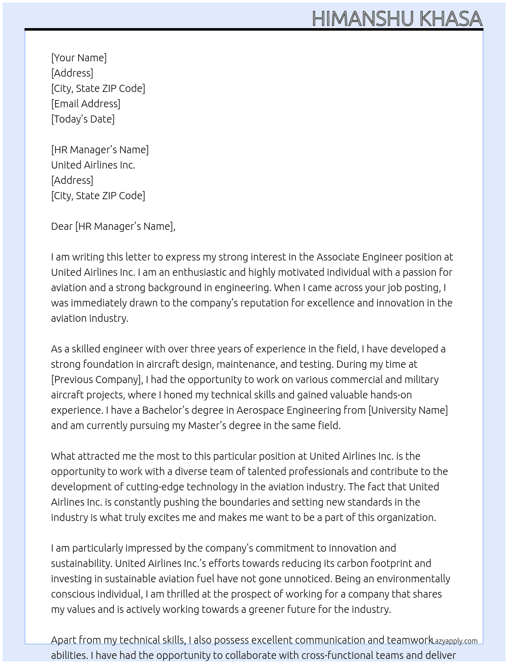 Associate Engineer At United Airlines Inc Cover Letter