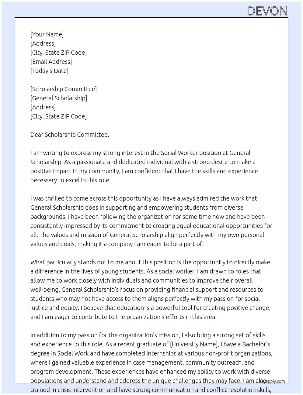 Social worker At General scholarship Cover Letter