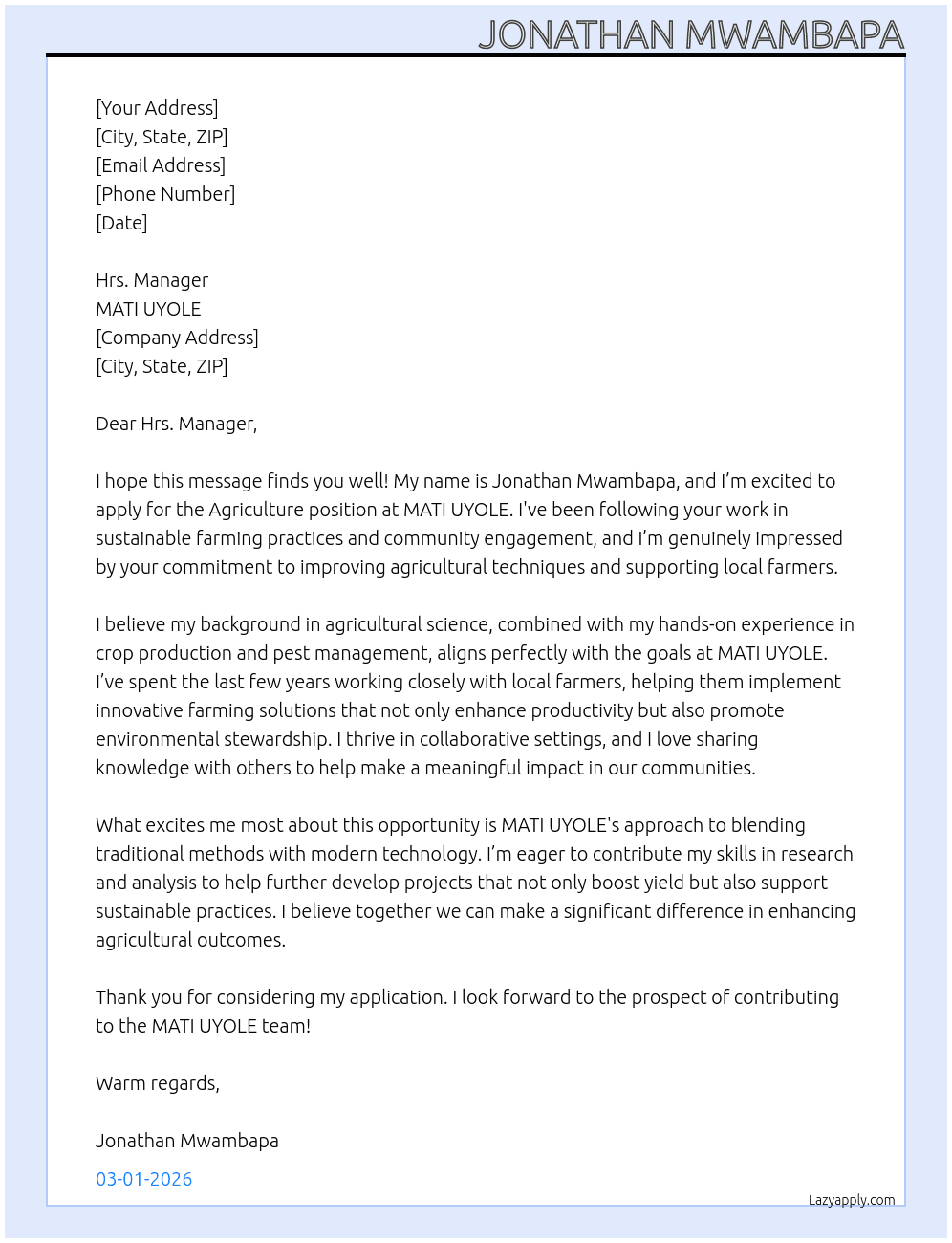 AGRICULTURE JOBS  At MATI UYOLE  Cover Letter
