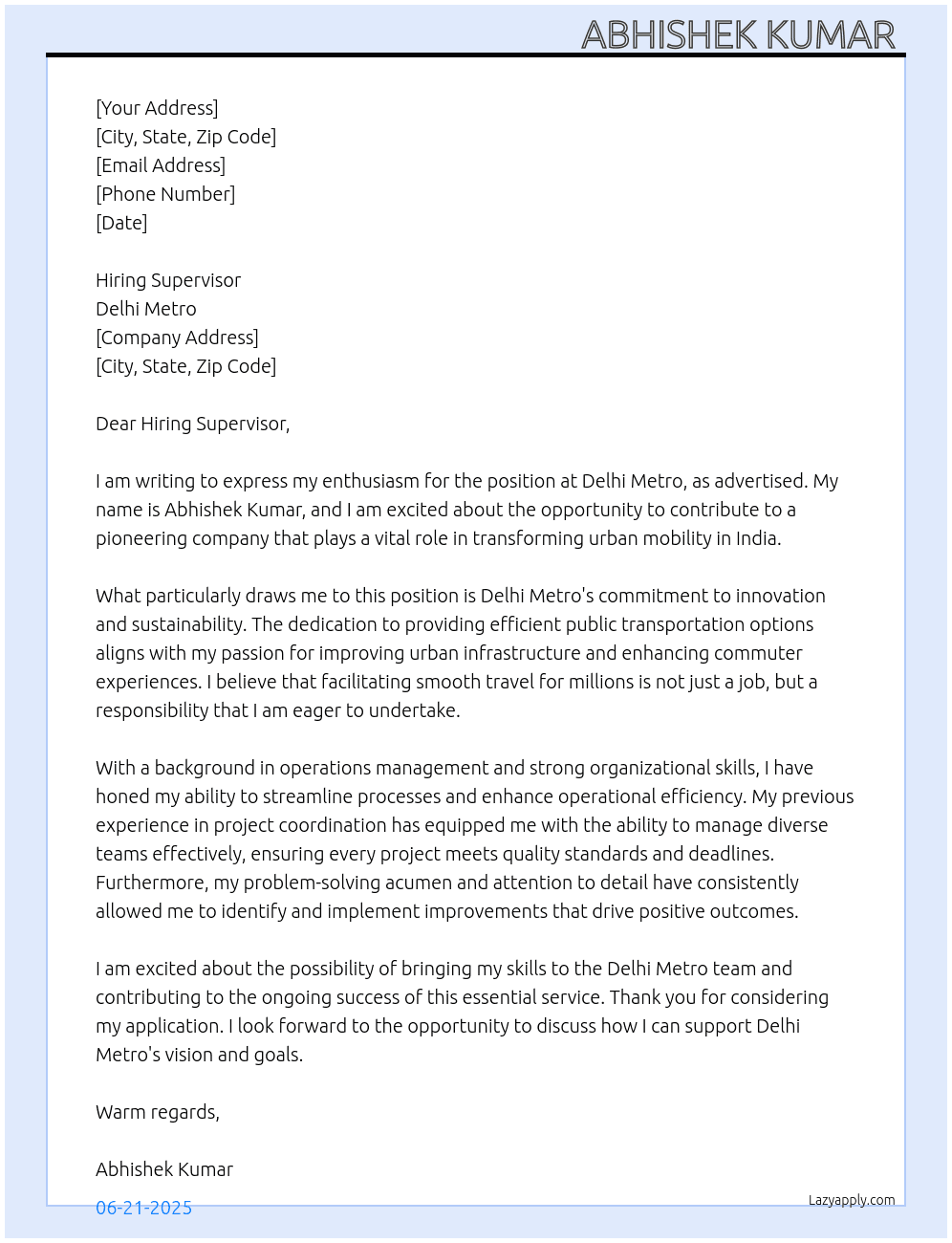 Delhi metro  At Delhi metro  Cover Letter