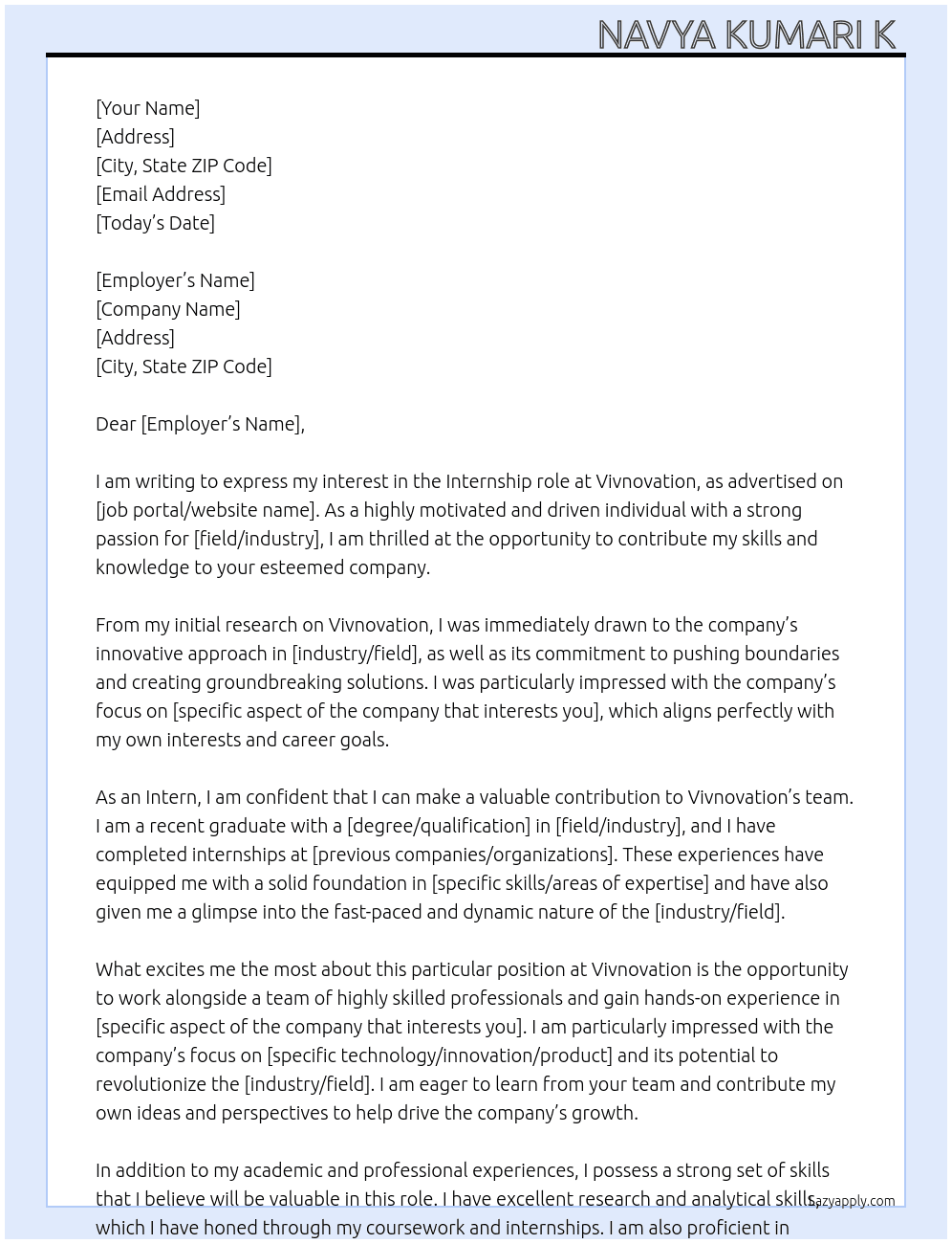 Intern At Vivnovation  Cover Letter