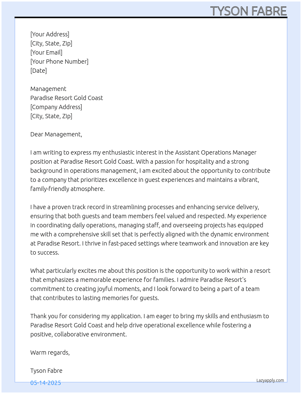 Asistant Operations Manager At Paradise Resort Gold Coast Cover Letter