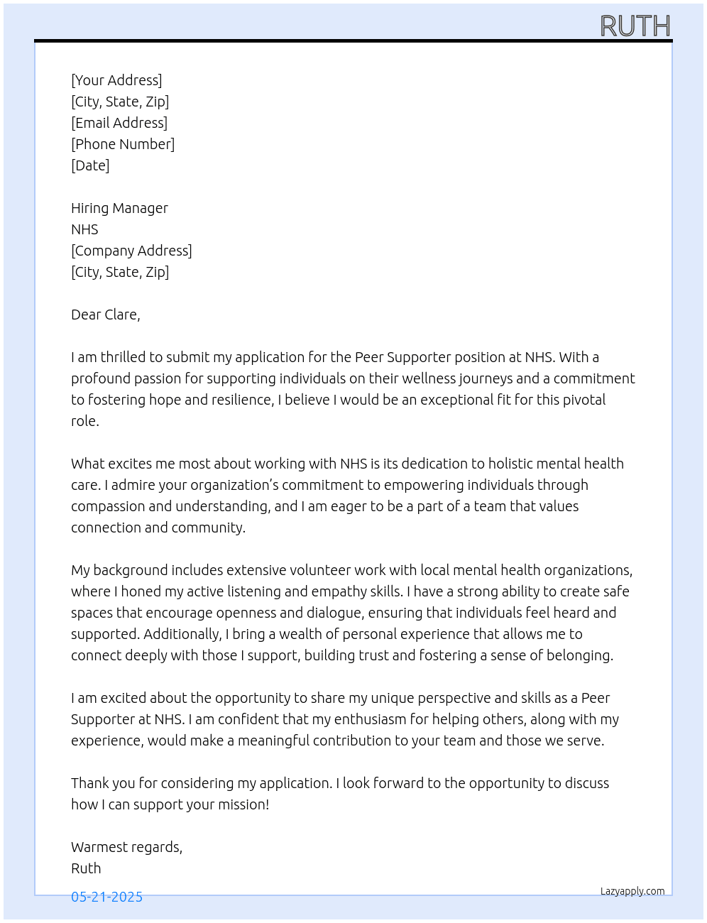 Peer Supporter At NHS Cover Letter
