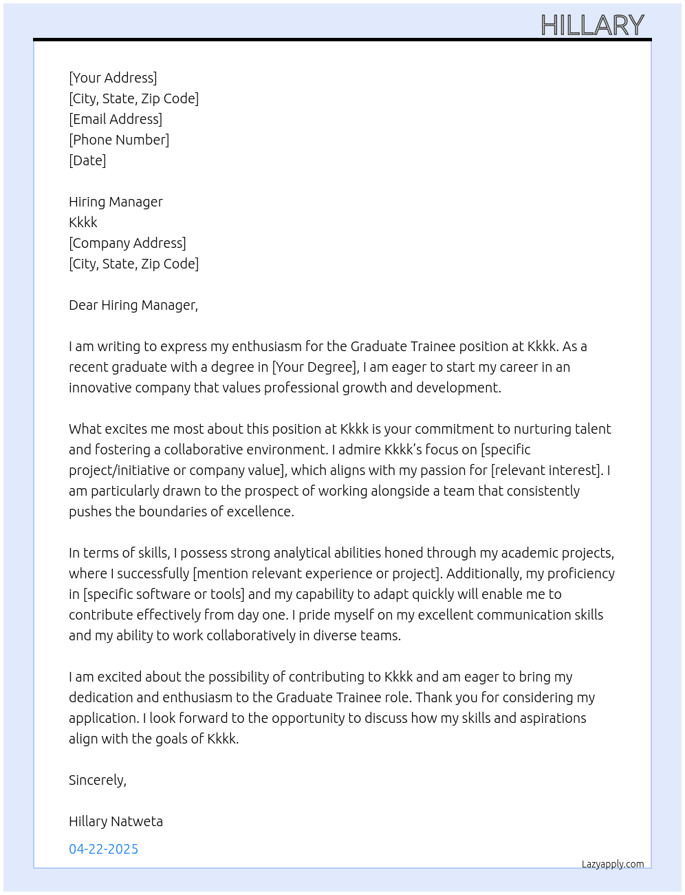 Graduate Trainee At Kkkk Cover Letter