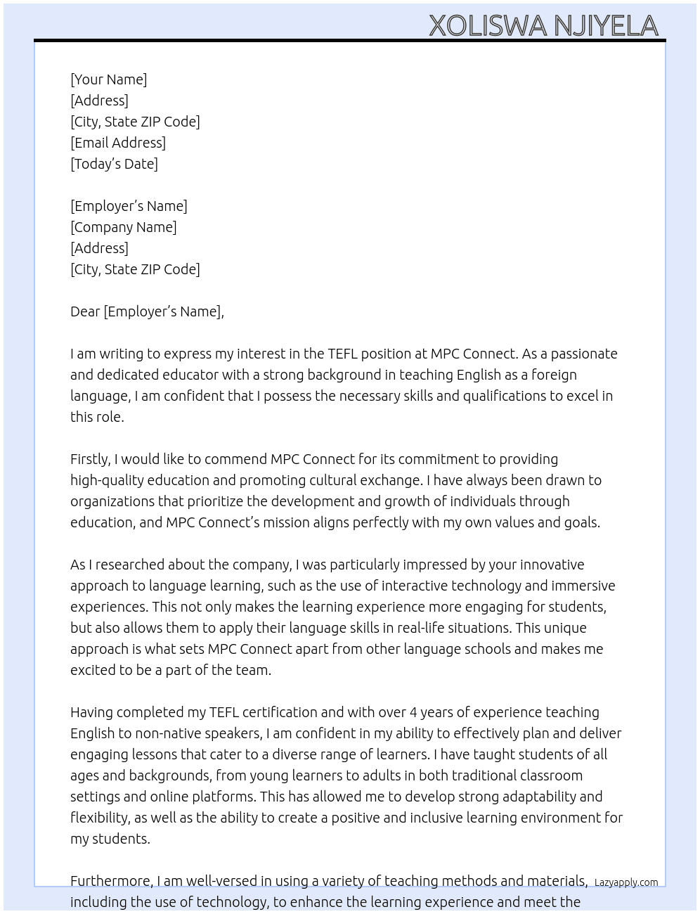 Tefl At MPC connect  Cover Letter