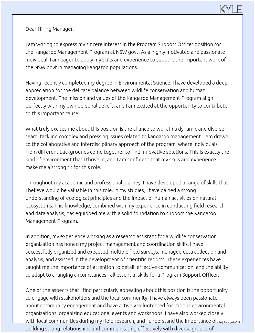 Program Support Officer Kangaroo Management Program At NSW govt Cover Letter