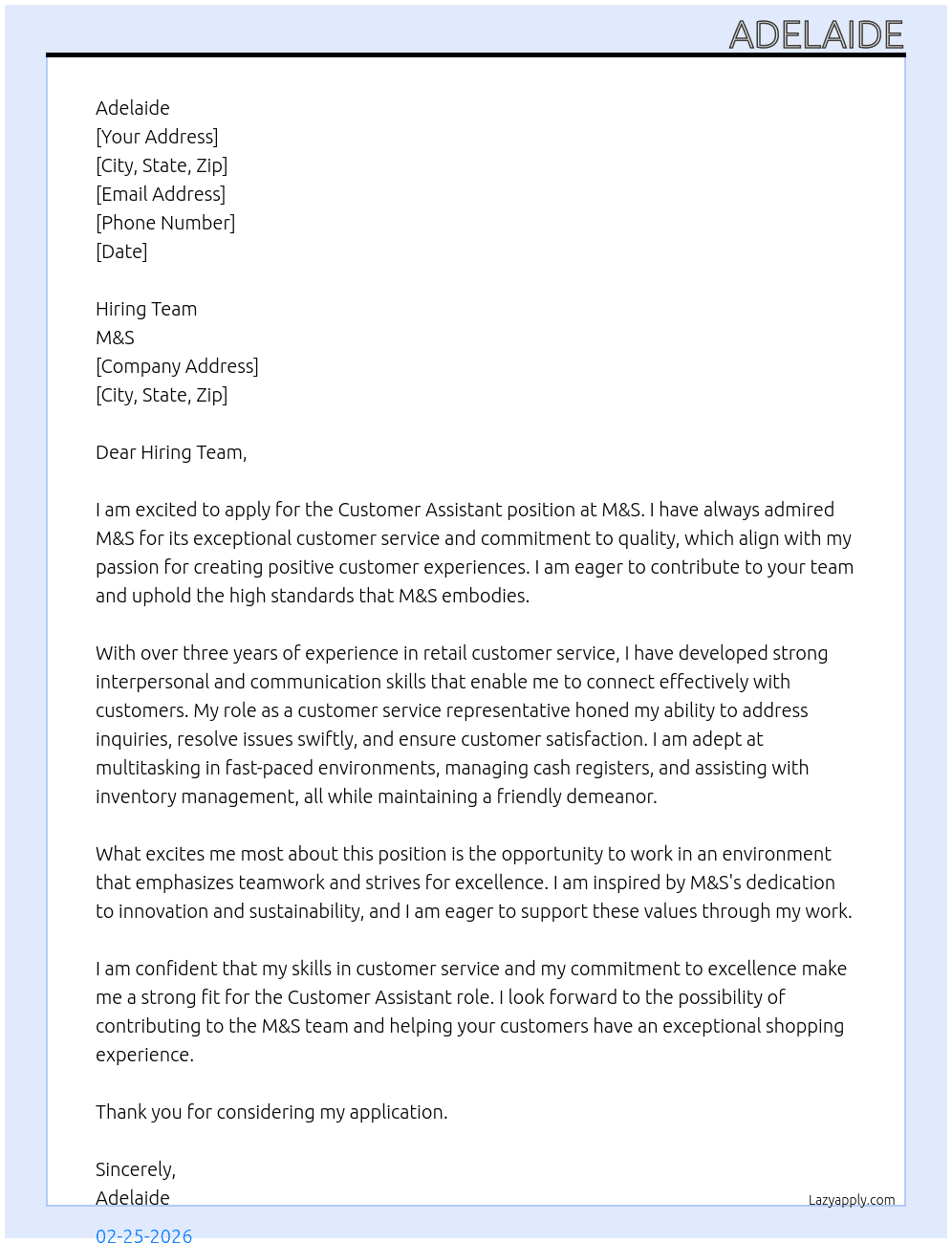 Cover letter for customer assistsnat - LazyApply