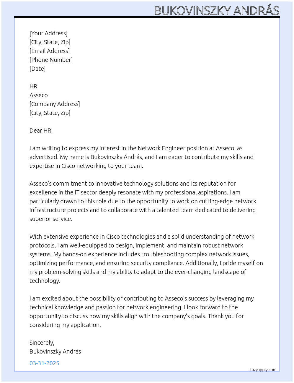 Network Engineer At Asseco Cover Letter