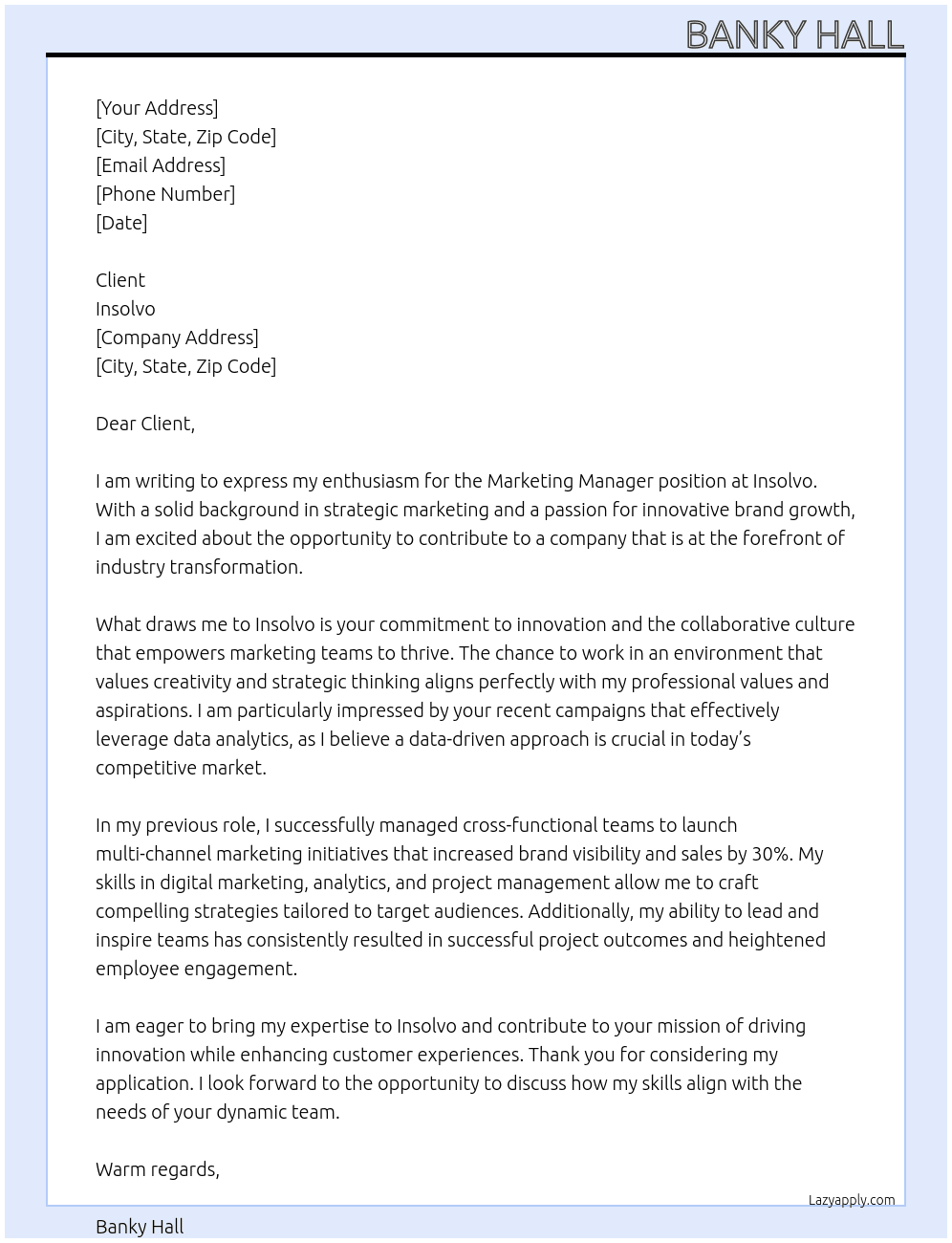 Marketing Manager At Insolvo Cover Letter