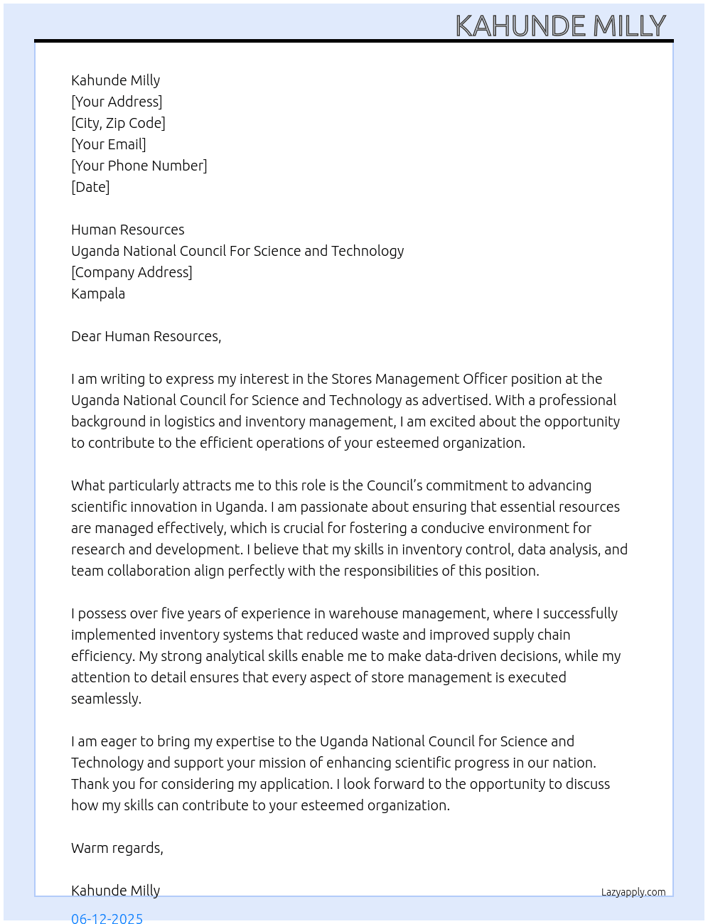 Stores management officer  At Uganda National Council For science and technology  Cover Letter