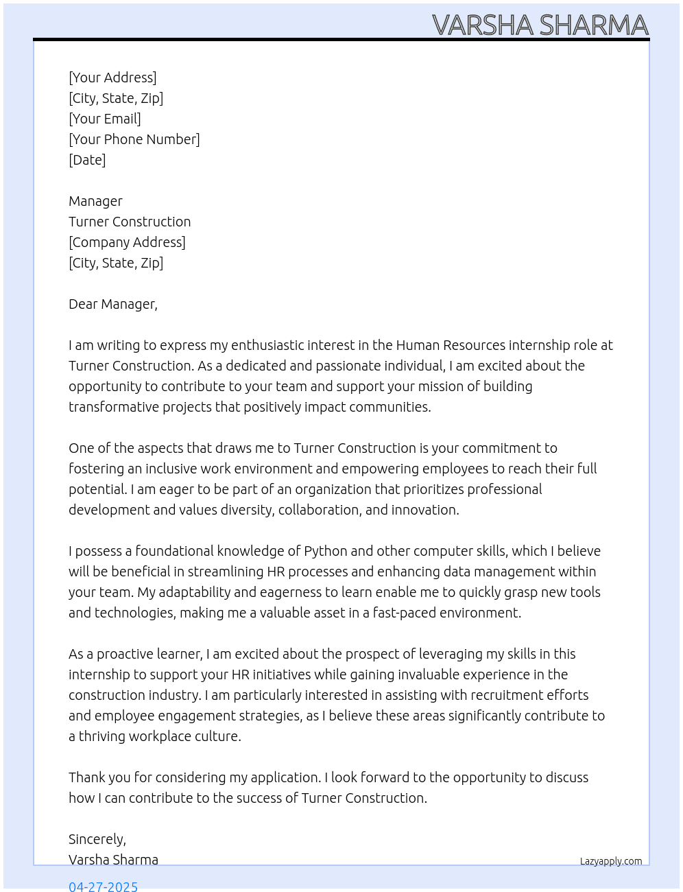 Human resource At Turner construction  Cover Letter