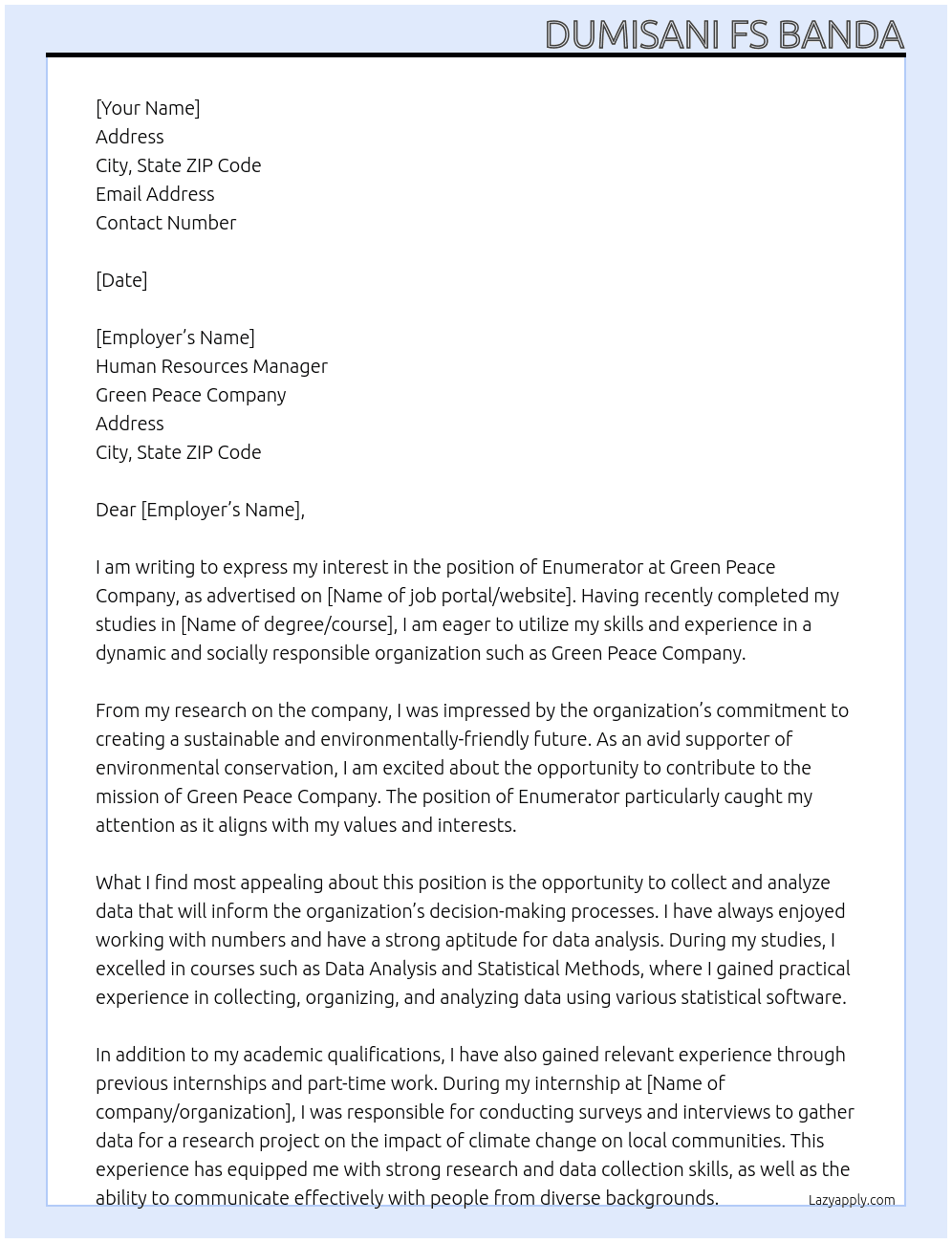 Enumerator  At Green Peace Company  Cover Letter