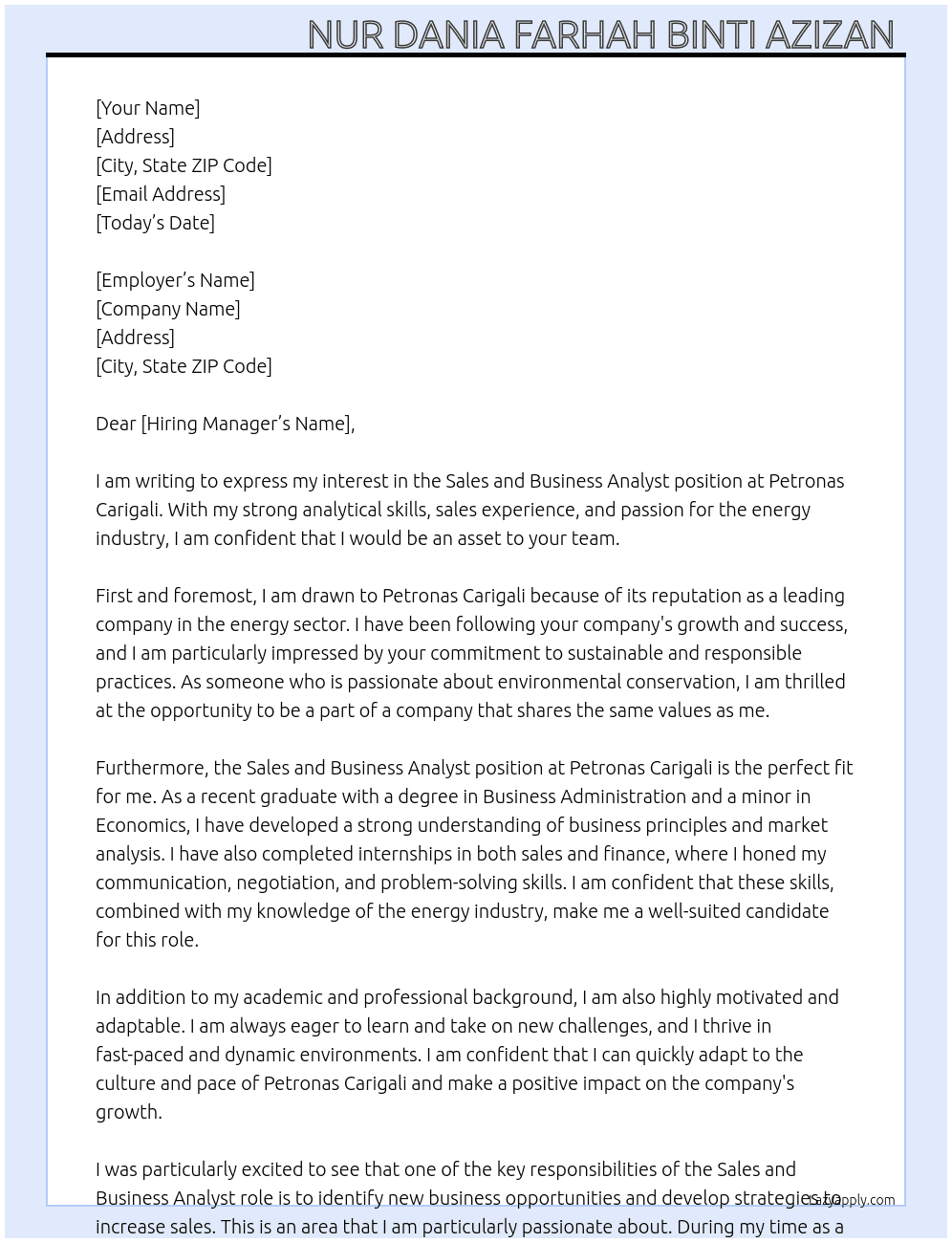 Sales and business analysts  At Petronas carigali  Cover Letter