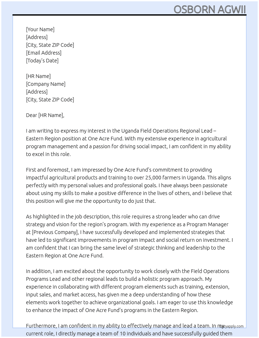 Cover letter for uganda field operations regional lead -eastern region - LazyApply