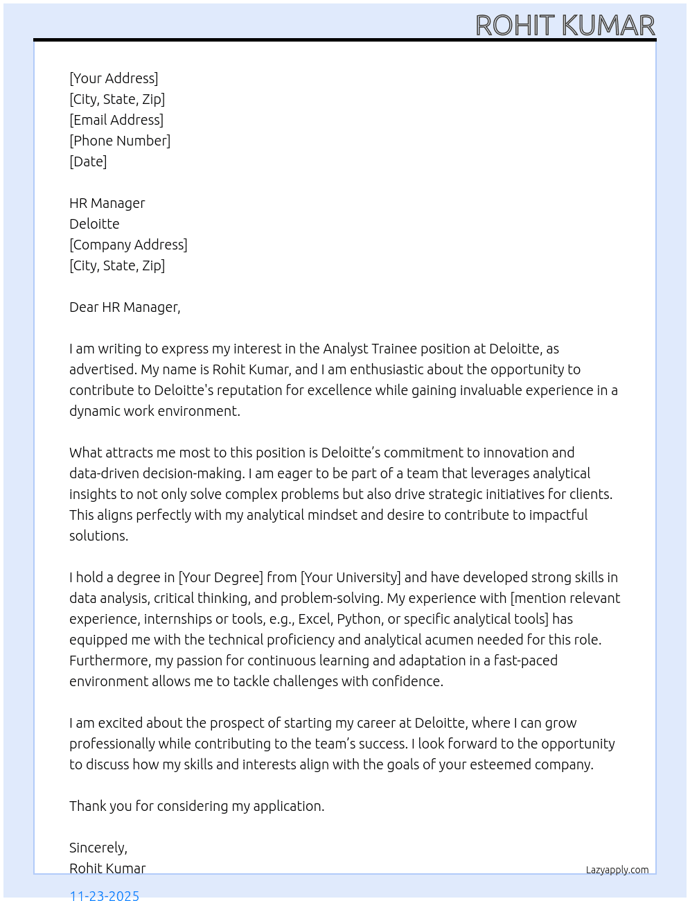 Cover letter for analyst trainee - LazyApply