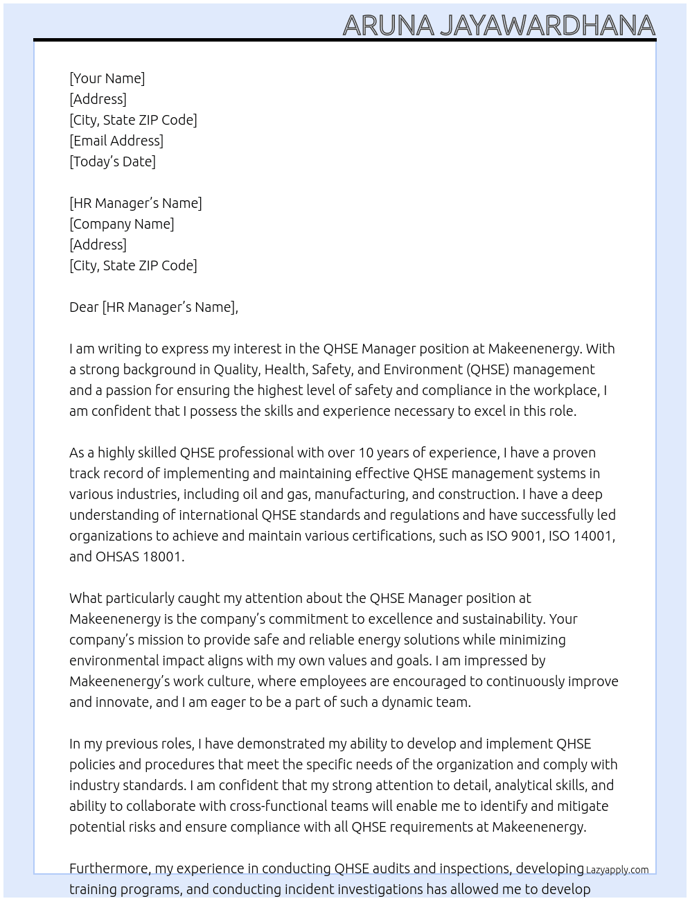 QHSE Manager At Makeenenergy Cover Letter