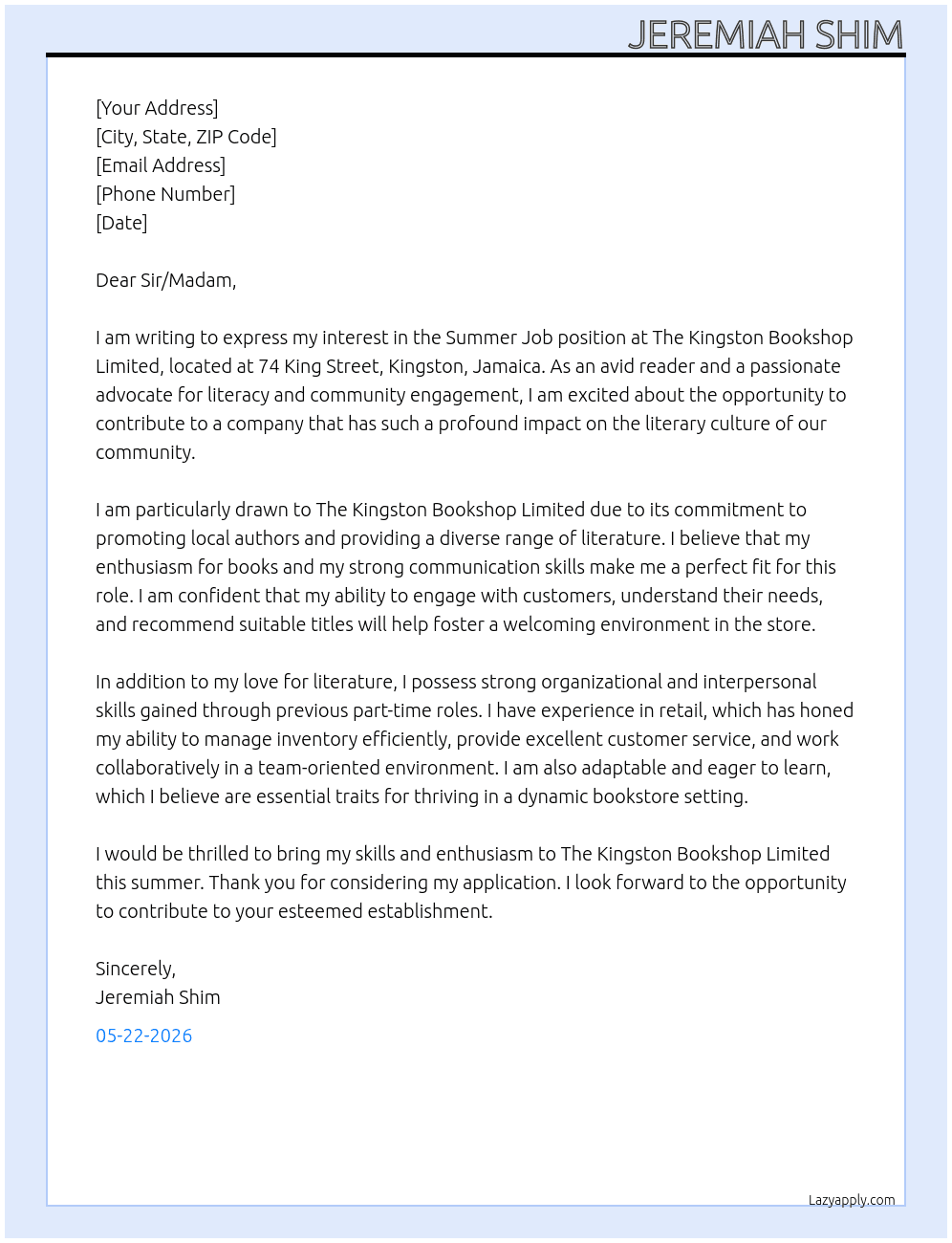 SUMMER JOB At THE KINGSTON BOOKSHOP LIMITED Cover Letter